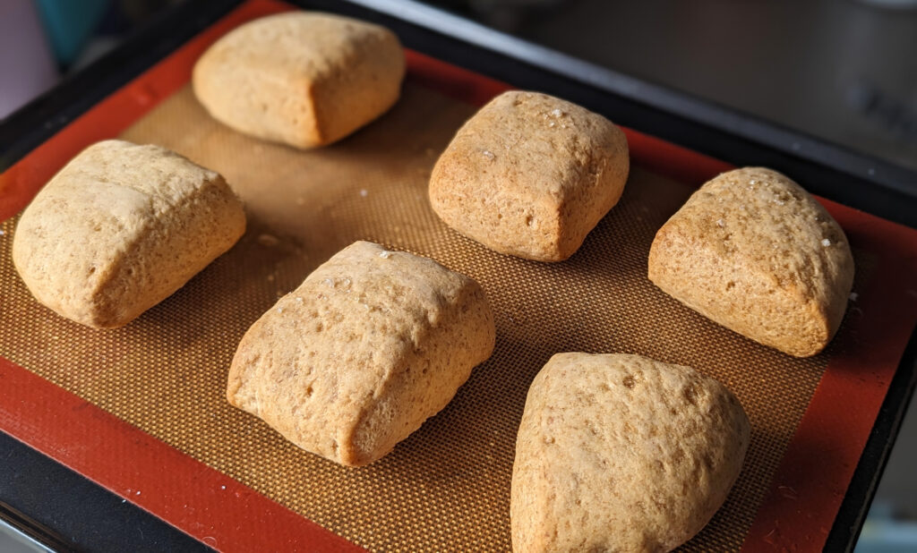 Gluten free crusty bread rolls on baking tray