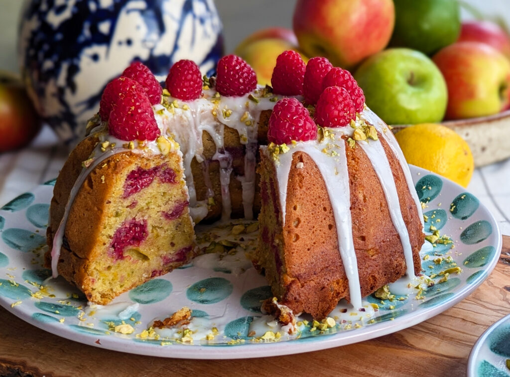 lemon, raspberry and pistachio bundt cake